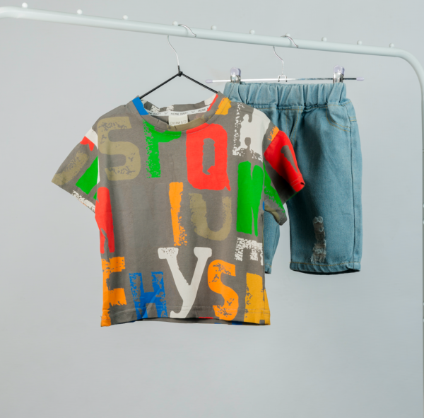 Tee with Ripped Denim Short Set
