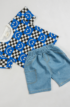Blocked Smiley T and Denim Shorts Set