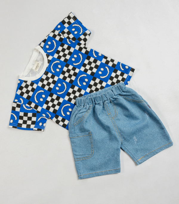 Blocked Smiley T and Denim Shorts Set